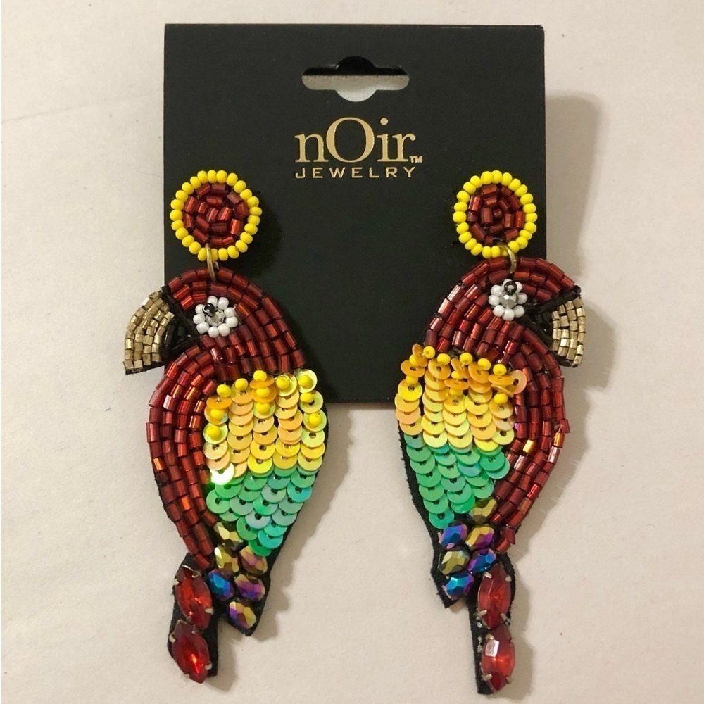 New Noir Parakeet Bird Beaded Sequin Bejewel Earrings